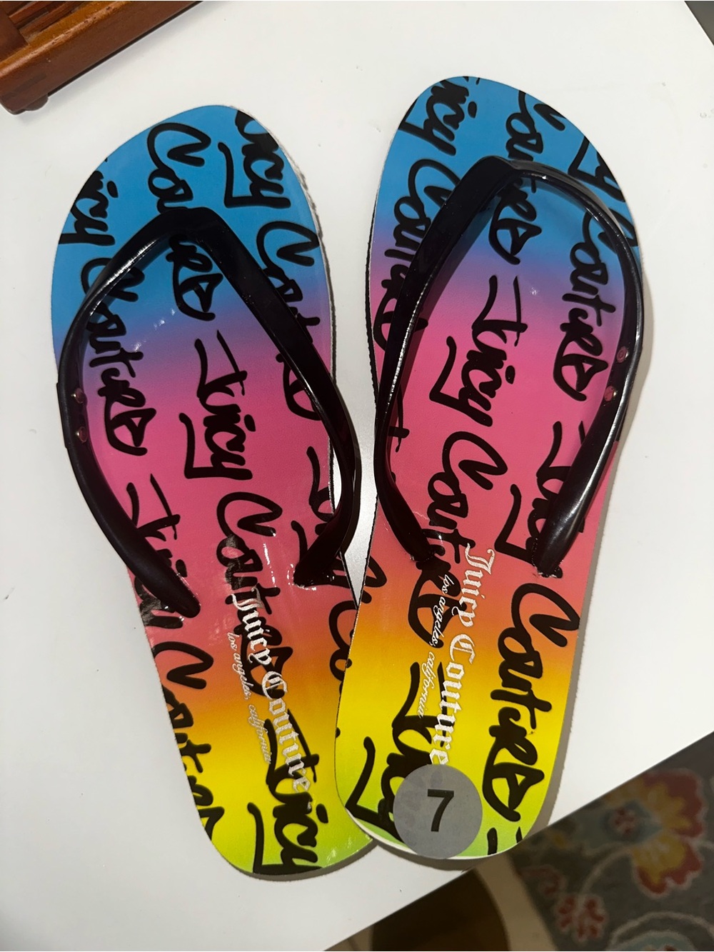 Juicy Couture Rainbow Script Flip Flops with Black Straps